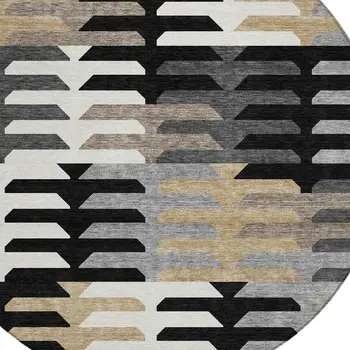 8' Black White And Wheat Round Geometric Washable Indoor Outdoor Area Rug