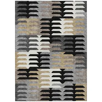 8' X 10' Black White And Wheat Geometric Washable Indoor Outdoor Area Rug