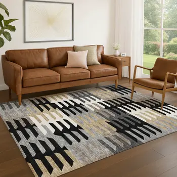 8' X 10' Black White And Wheat Geometric Washable Indoor Outdoor Area Rug