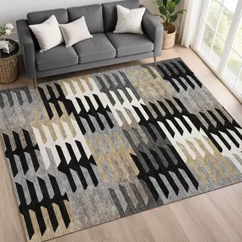 8' X 10' Black White And Wheat Geometric Washable Indoor Outdoor Area Rug