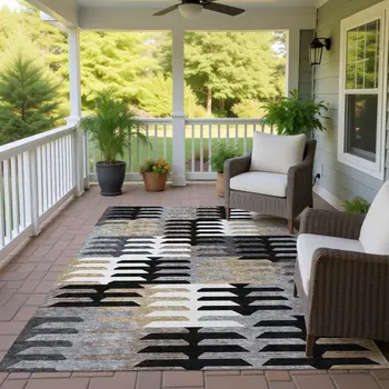 8' X 10' Black White And Wheat Geometric Washable Indoor Outdoor Area Rug