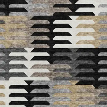 9' X 12' Black White And Wheat Geometric Washable Indoor Outdoor Area Rug