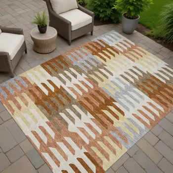 3' X 5' Copper Wheat And Beige Geometric Washable Indoor Outdoor Area Rug
