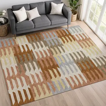 3' X 5' Copper Wheat And Beige Geometric Washable Indoor Outdoor Area Rug