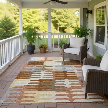 3' X 5' Copper Wheat And Beige Geometric Washable Indoor Outdoor Area Rug