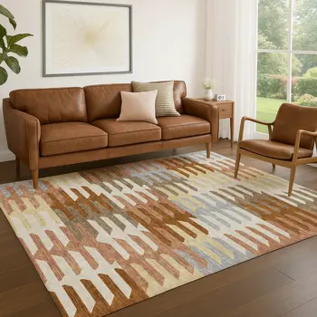 5' X 8' Copper Wheat And Beige Geometric Washable Indoor Outdoor Area Rug