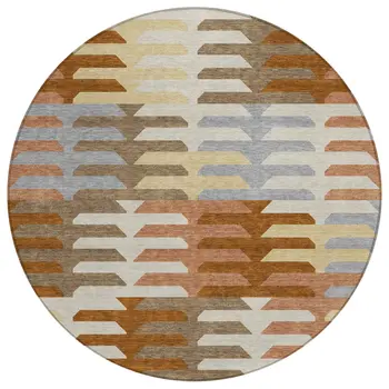 8' Copper Wheat And Beige Round Geometric Washable Indoor Outdoor Area Rug