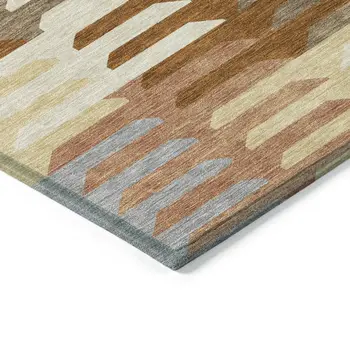 8' Copper Wheat And Beige Round Geometric Washable Indoor Outdoor Area Rug