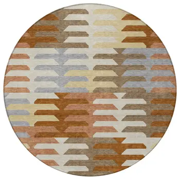 8' Copper Wheat And Beige Round Geometric Washable Indoor Outdoor Area Rug