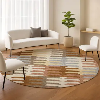 8' Copper Wheat And Beige Round Geometric Washable Indoor Outdoor Area Rug