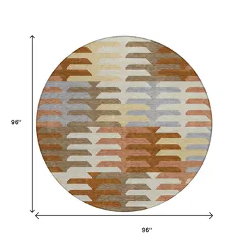 8' Copper Wheat And Beige Round Geometric Washable Indoor Outdoor Area Rug