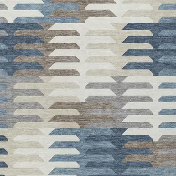 3' X 5' Denim Blue Beige And Ivory Geometric Washable Indoor Outdoor Area Rug