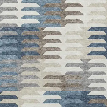 5' X 8' Denim Blue Beige And Ivory Geometric Washable Indoor Outdoor Area Rug