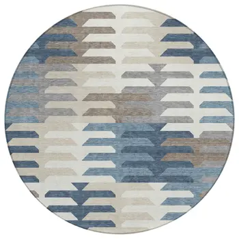 8' Denim Blue Beige And Ivory Round Geometric Washable Indoor Outdoor Area Rug