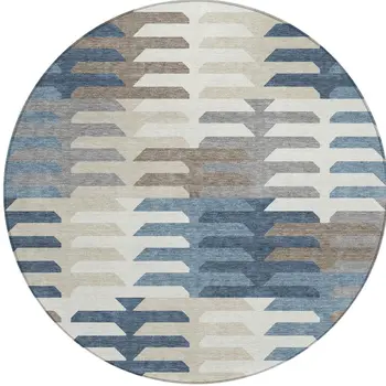 8' Denim Blue Beige And Ivory Round Geometric Washable Indoor Outdoor Area Rug