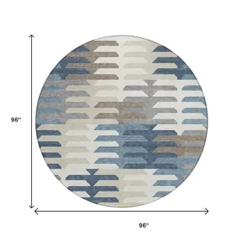 8' Denim Blue Beige And Ivory Round Geometric Washable Indoor Outdoor Area Rug