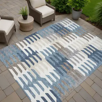 8' X 10' Denim Blue Beige And Ivory Geometric Washable Indoor Outdoor Area Rug