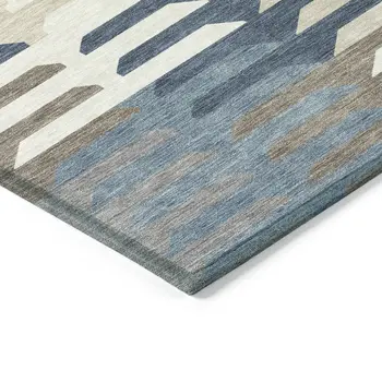 8' X 10' Denim Blue Beige And Ivory Geometric Washable Indoor Outdoor Area Rug