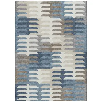 8' X 10' Denim Blue Beige And Ivory Geometric Washable Indoor Outdoor Area Rug