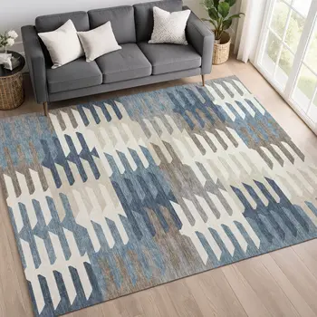 8' X 10' Denim Blue Beige And Ivory Geometric Washable Indoor Outdoor Area Rug