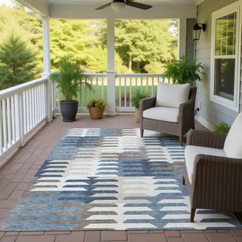 8' X 10' Denim Blue Beige And Ivory Geometric Washable Indoor Outdoor Area Rug