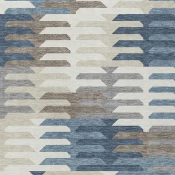 9' X 12' Denim Blue Beige And Ivory Geometric Washable Indoor Outdoor Area Rug
