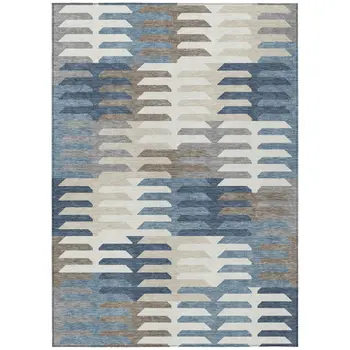 10' X 14' Denim Blue Beige And Ivory Geometric Washable Indoor Outdoor Area Rug