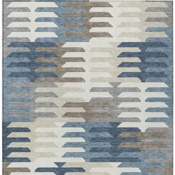 10' X 14' Denim Blue Beige And Ivory Geometric Washable Indoor Outdoor Area Rug