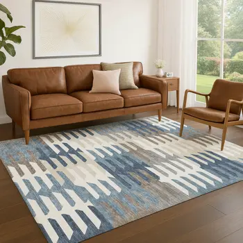 10' X 14' Denim Blue Beige And Ivory Geometric Washable Indoor Outdoor Area Rug