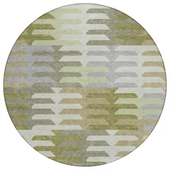 8' Fern Green Gray And Ivory Round Geometric Washable Indoor Outdoor Area Rug