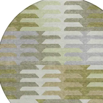8' Fern Green Gray And Ivory Round Geometric Washable Indoor Outdoor Area Rug