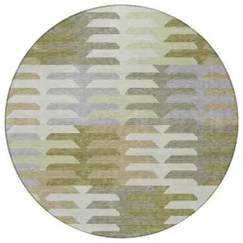 8' Fern Green Gray And Ivory Round Geometric Washable Indoor Outdoor Area Rug