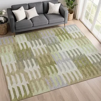 8' X 10' Fern Green Gray And Ivory Geometric Washable Indoor Outdoor Area Rug