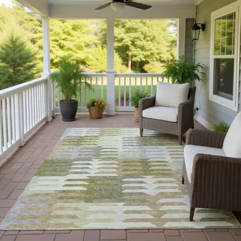 8' X 10' Fern Green Gray And Ivory Geometric Washable Indoor Outdoor Area Rug