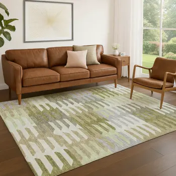 10' X 14' Fern Green Gray And Ivory Geometric Washable Indoor Outdoor Area Rug