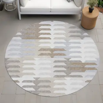 8' Ivory Gray And Brown Round Geometric Washable Indoor Outdoor Area Rug