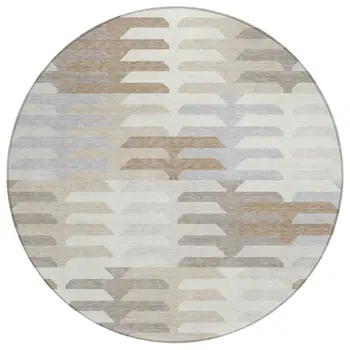 8' Ivory Gray And Brown Round Geometric Washable Indoor Outdoor Area Rug