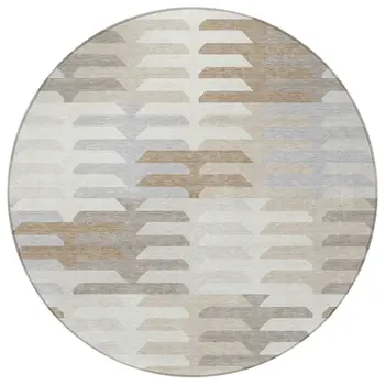 8' Ivory Gray And Brown Round Geometric Washable Indoor Outdoor Area Rug