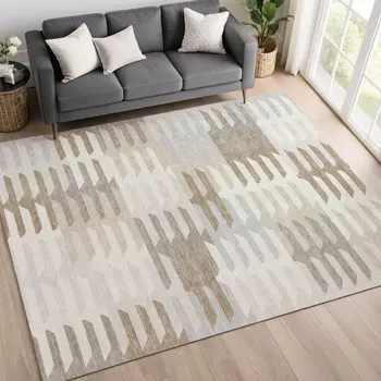 8' X 10' Ivory Gray And Brown Geometric Washable Indoor Outdoor Area Rug