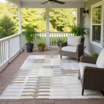 8' X 10' Ivory Gray And Brown Geometric Washable Indoor Outdoor Area Rug
