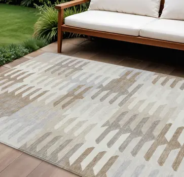 10' X 14' Ivory Gray And Brown Geometric Washable Indoor Outdoor Area Rug