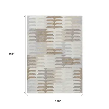 10' X 14' Ivory Gray And Brown Geometric Washable Indoor Outdoor Area Rug