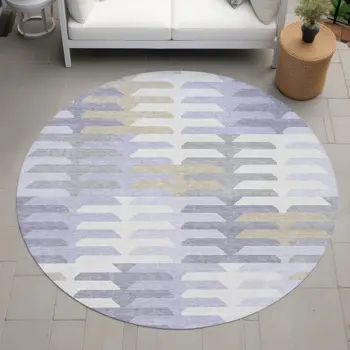 8' Lavender Silver And Gray Round Geometric Washable Indoor Outdoor Area Rug