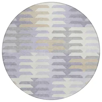 8' Lavender Silver And Gray Round Geometric Washable Indoor Outdoor Area Rug