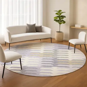 8' Lavender Silver And Gray Round Geometric Washable Indoor Outdoor Area Rug