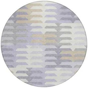 8' Lavender Silver And Gray Round Geometric Washable Indoor Outdoor Area Rug
