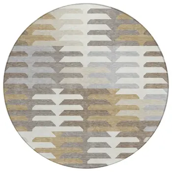 8' Taupe Gray And Ivory Round Geometric Washable Indoor Outdoor Area Rug