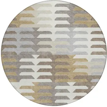 8' Taupe Gray And Ivory Round Geometric Washable Indoor Outdoor Area Rug