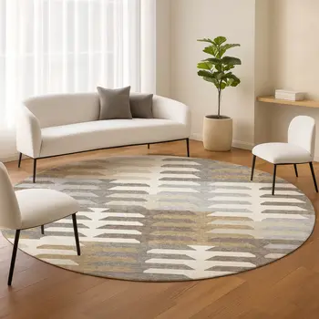 8' Taupe Gray And Ivory Round Geometric Washable Indoor Outdoor Area Rug