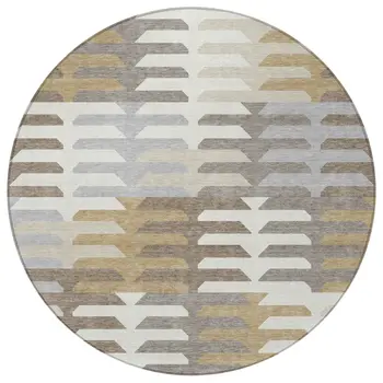 8' Taupe Gray And Ivory Round Geometric Washable Indoor Outdoor Area Rug